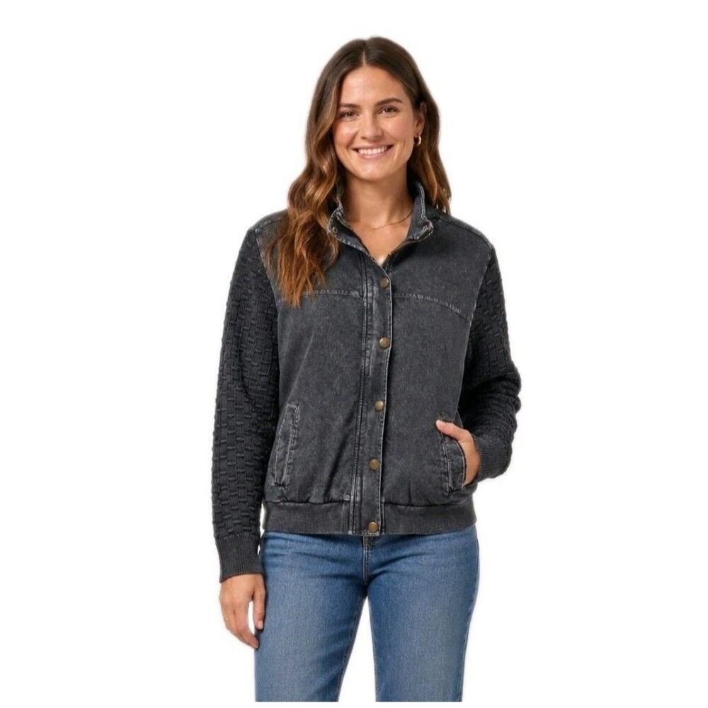 Acid Wash Mixed Media Bomber Jacket Knit Sleeves Natural Reflections L